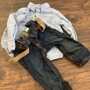 Jeans, button up, & suspenders